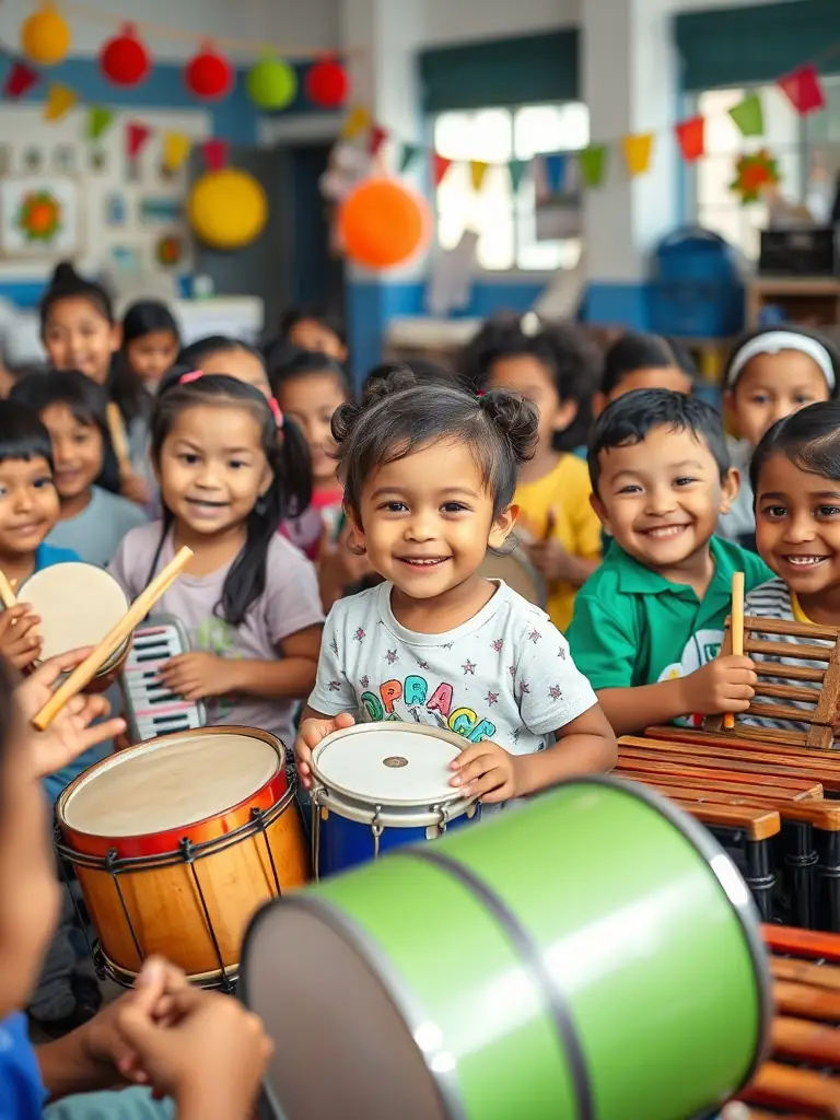 A vibrant photo of a youth music workshop organized by WANAGAIN PRODUCTION, showing young people actively engaged in learning and playing musical instruments, set in a community center.