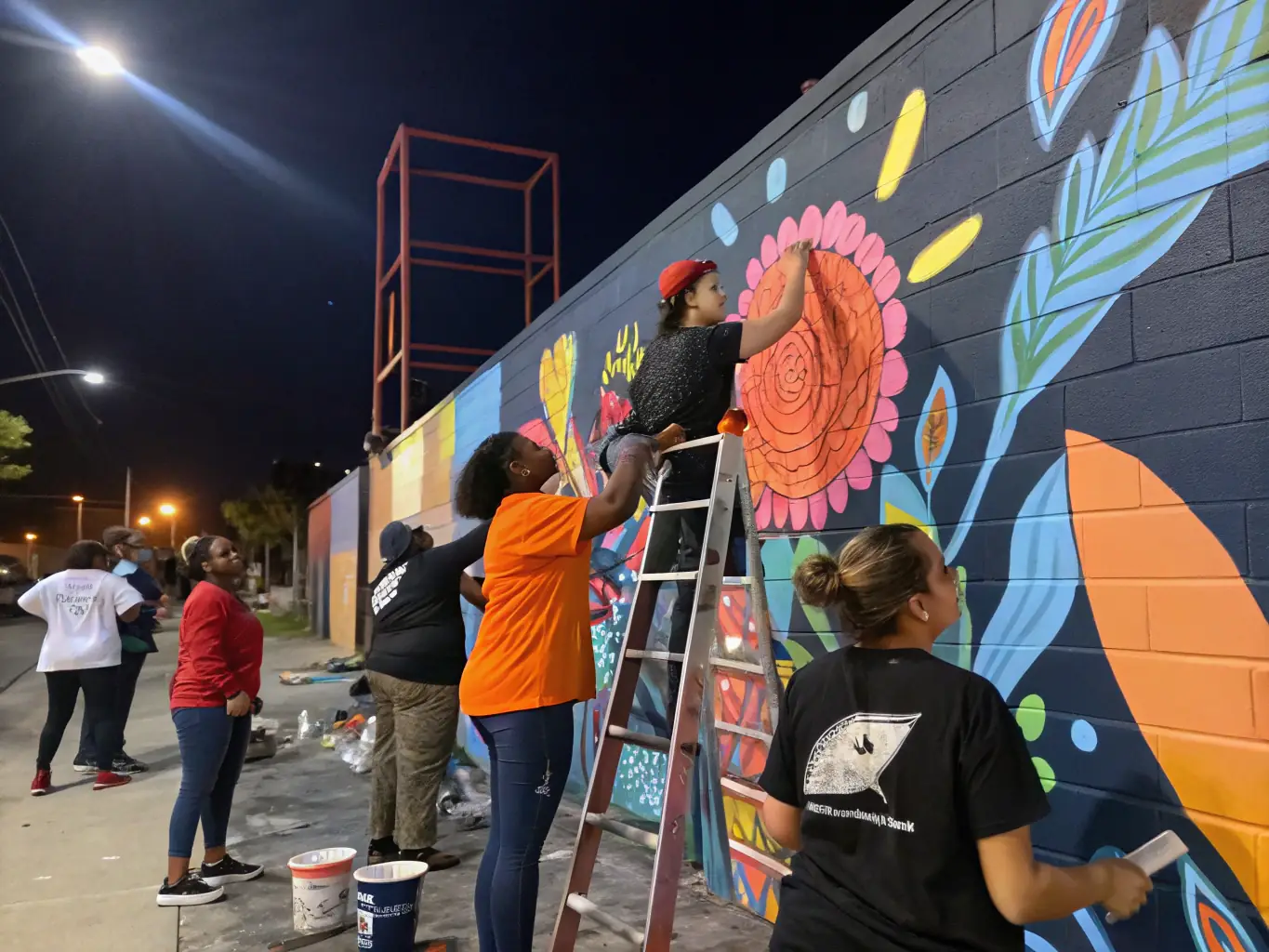 A collaborative art project in progress, with local artists and community members working together on a mural, symbolizing WANAGAIN PRODUCTION's focus on artistic collaboration and community participation.