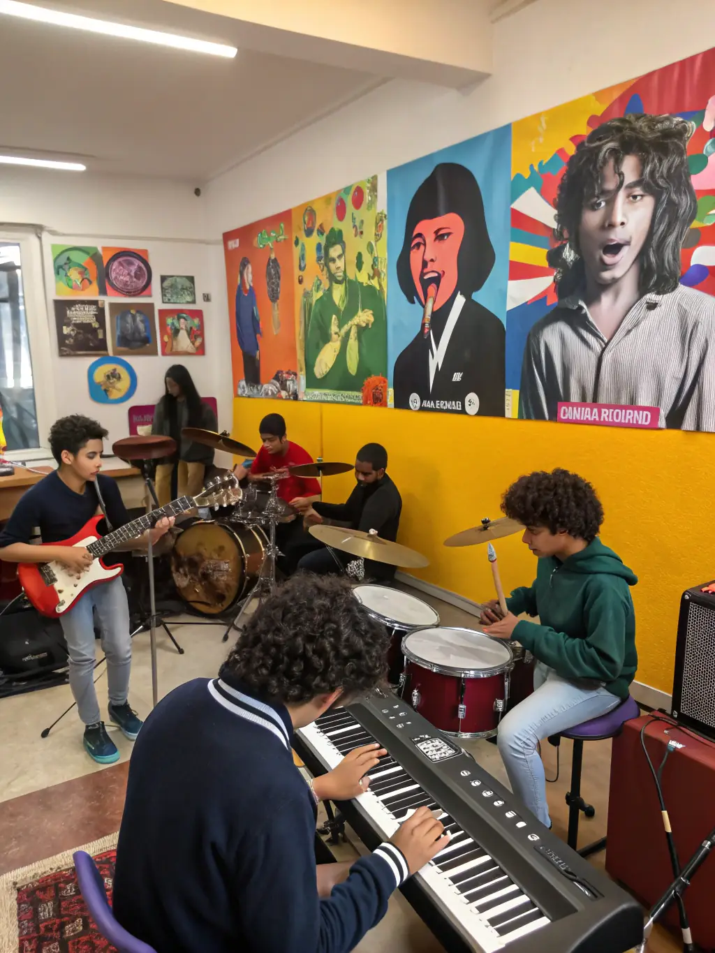 A vibrant photograph capturing a youth music workshop organized by WANAGAIN PRODUCTION, showing young participants actively engaged in learning musical instruments and collaborating on a song.