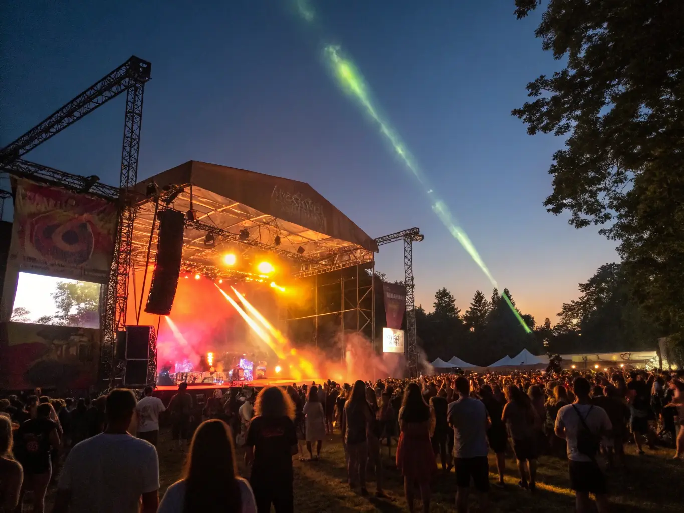 A dynamic image of a live performance event organized by WANAGAIN PRODUCTION, featuring contemporary music artists and a diverse audience, highlighting the organization's role in promoting cultural events.