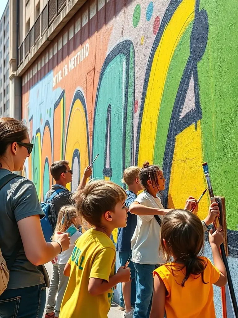 A photo of a community art project facilitated by WANAGAIN PRODUCTION, depicting participants of all ages working together to create a mural that reflects local heritage and values.