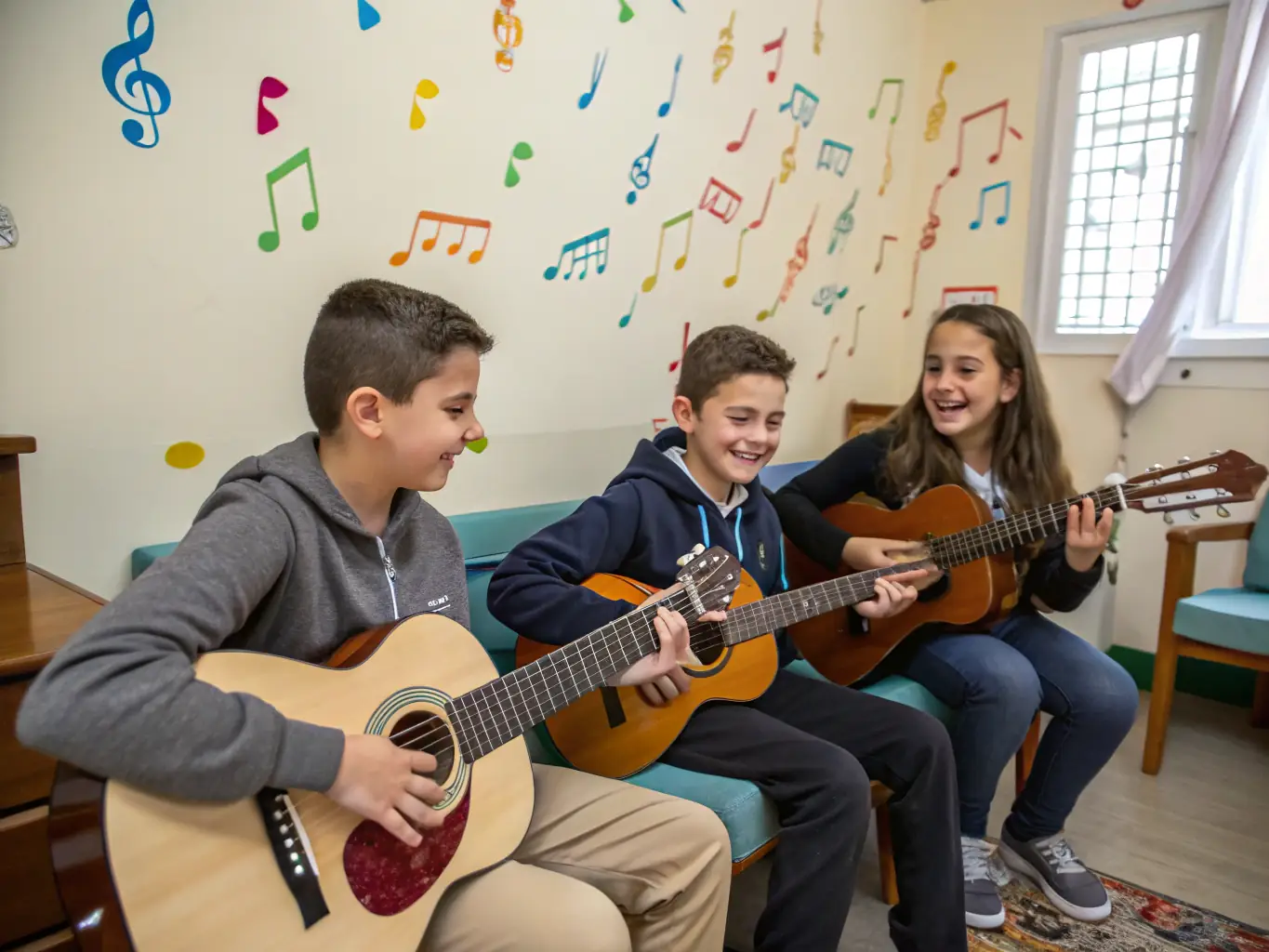 A group of young people participating in a music workshop, learning to play instruments and collaborate on a song, showcasing youth engagement.
