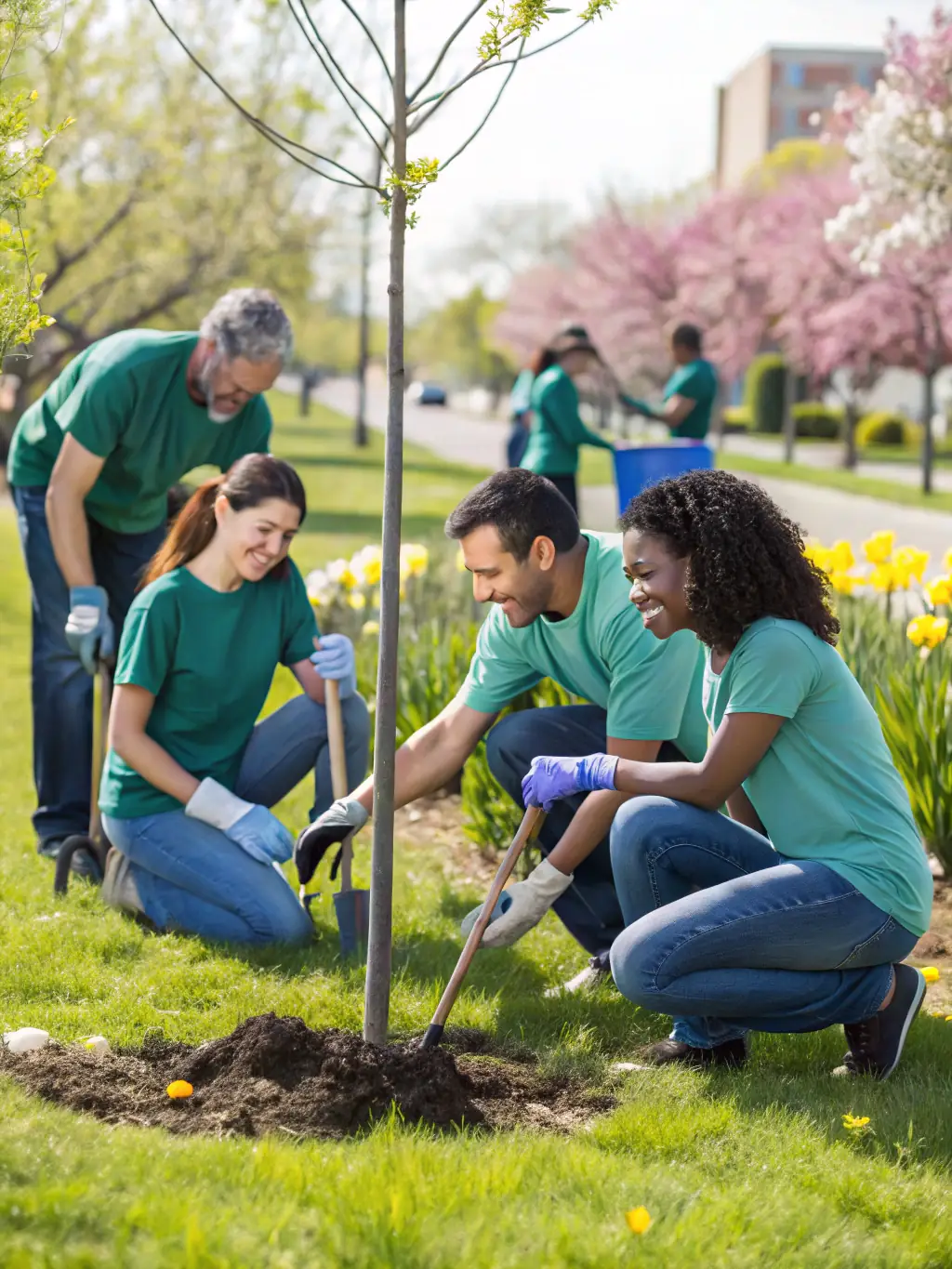 A photo of volunteers from WANAGAIN PRODUCTION working on a community development project, such as cleaning up a local park or painting a mural.