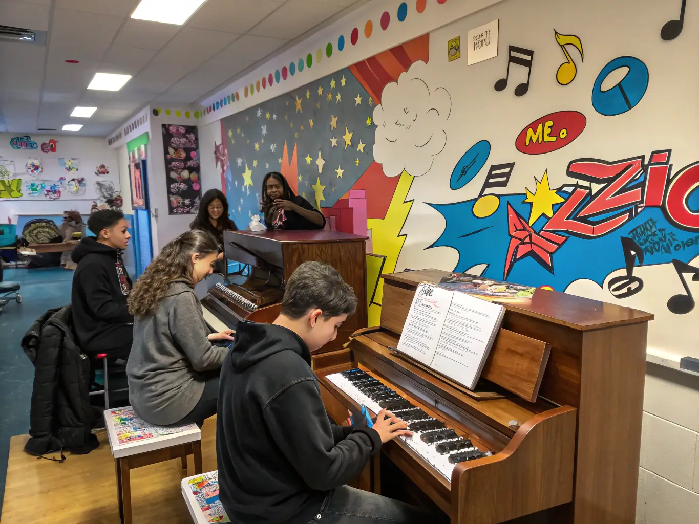 A vibrant image showcasing a youth music workshop, with participants actively engaged in learning and playing instruments, reflecting WANAGAIN PRODUCTION's commitment to youth engagement and musical education.