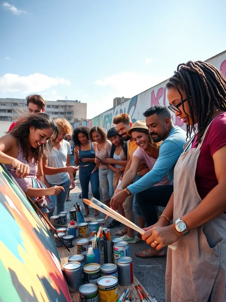 A photograph of a collaborative art project organized by WANAGAIN PRODUCTION, showing artists and community members working together to create a large-scale mural.
