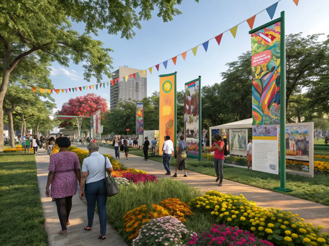 A colorful photograph of an outdoor cultural festival organized by WANAGAIN PRODUCTION, showing various art installations and community members enjoying the event.