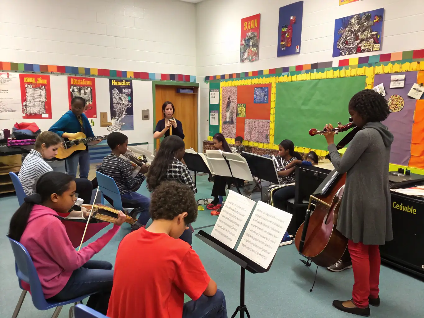 A vibrant photograph capturing a diverse group of young people participating in a music workshop, showcasing hands-on learning and creative collaboration.