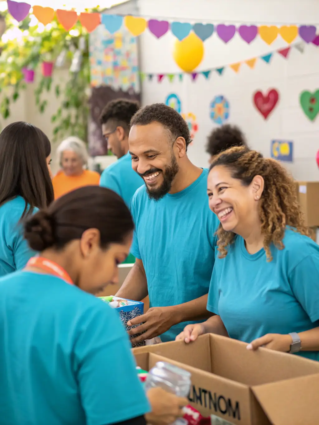 A photo of volunteers participating in a WANAGAIN PRODUCTION initiative, showing them actively involved in organizing an event and supporting the community.