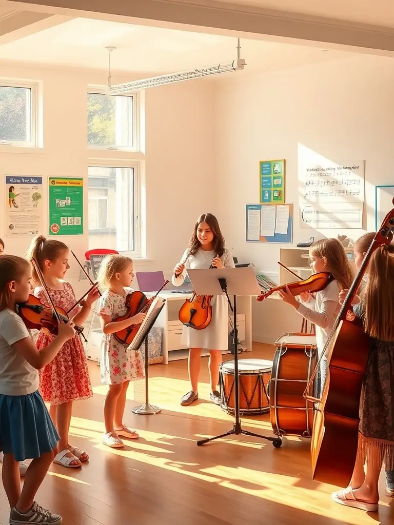 A vibrant photograph capturing a youth music workshop organized by WANAGAIN PRODUCTION, showing young participants actively engaged in learning musical instruments and collaborating on a song.