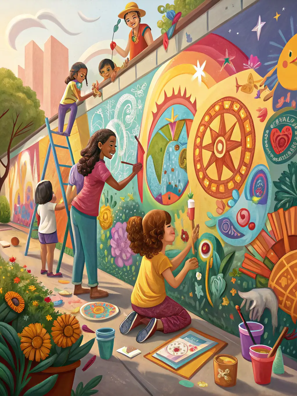 A collaborative art project supported by WANAGAIN PRODUCTION, featuring local artists working together on a mural that reflects community values and identity.